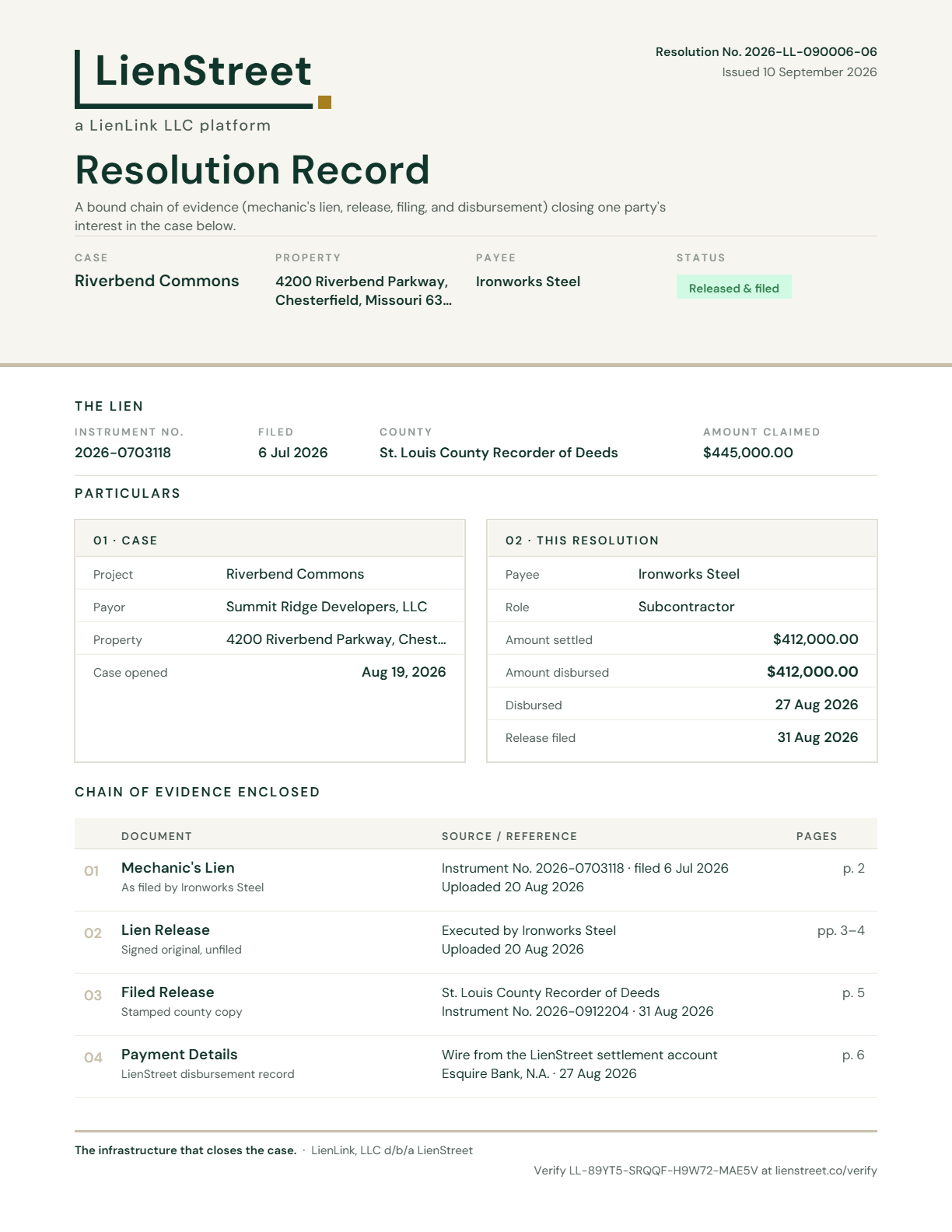 Resolution Record for a lienholder, page 1