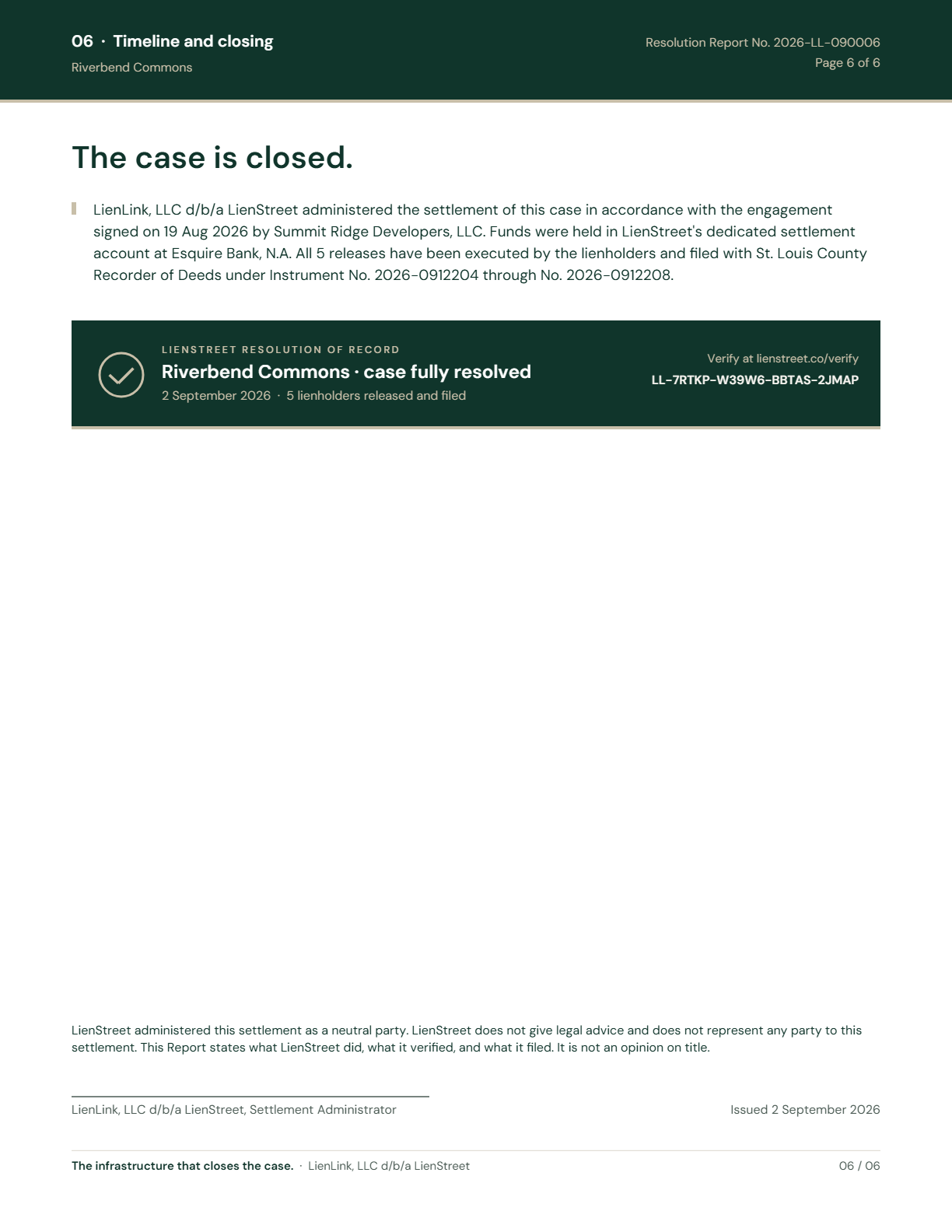 Resolution Report closing page with the seal line and verify code